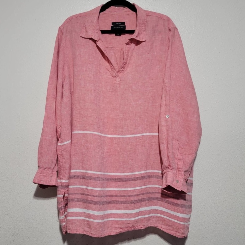 Tahari Linen Striped Tunic Top Popover Roll Tab Sleeve 3X Heather Red